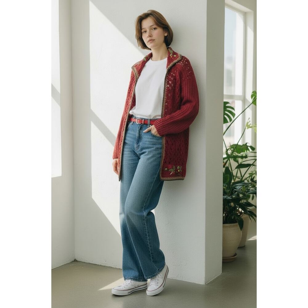SASKIA Open Knit Cardigan Sweater Women's Small Burgundy Belted 3D Flowers Boho